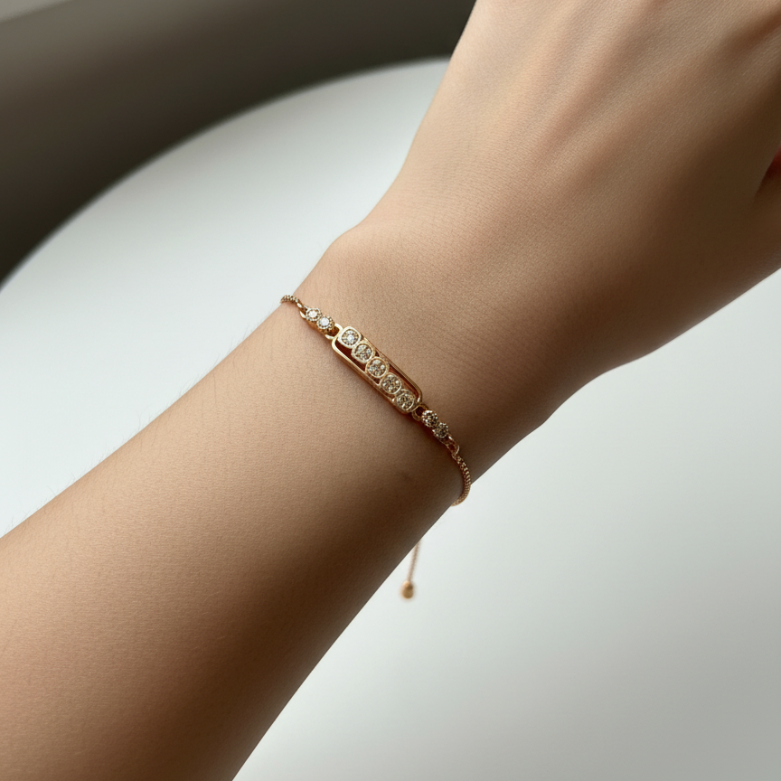 Rose Gold Crystal Bar Bracelet - Delicate Chain Bracelet with Sparkle