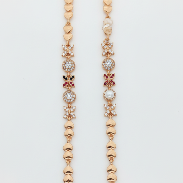 Rose Gold Bracelet with Heart Pearls & Crystal Flowers - Luxury Bridal Jewelry