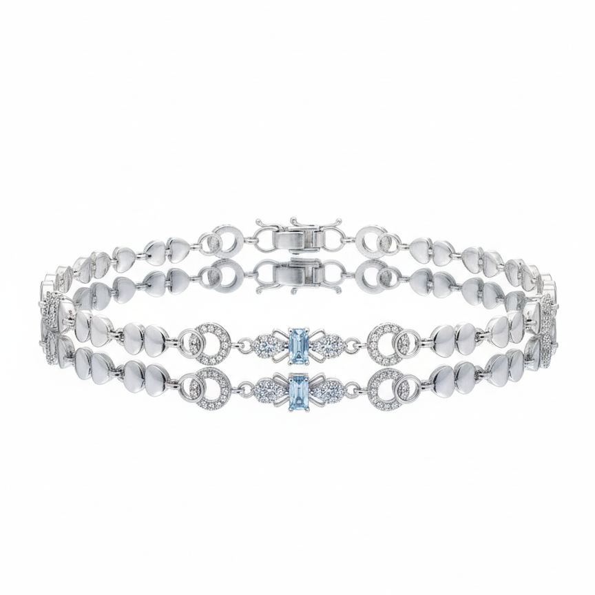Silver Crystal Bracelet with Heart - Elegant Bridal Jewelry