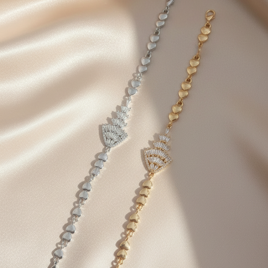 Crystal Fan Bracelet with Heart - Luxury Statement Jewelry Silver & Gold
