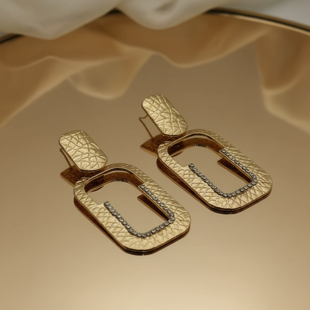 Gold Rectangle Drop Earrings with Crystals - Statement Hoop Earrings for Women