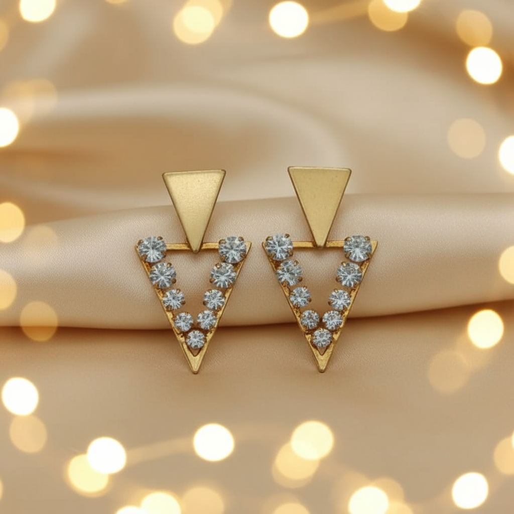 Gold Triangle Earrings with Crystal Rhinestones - Statement Drop Earrings for Women