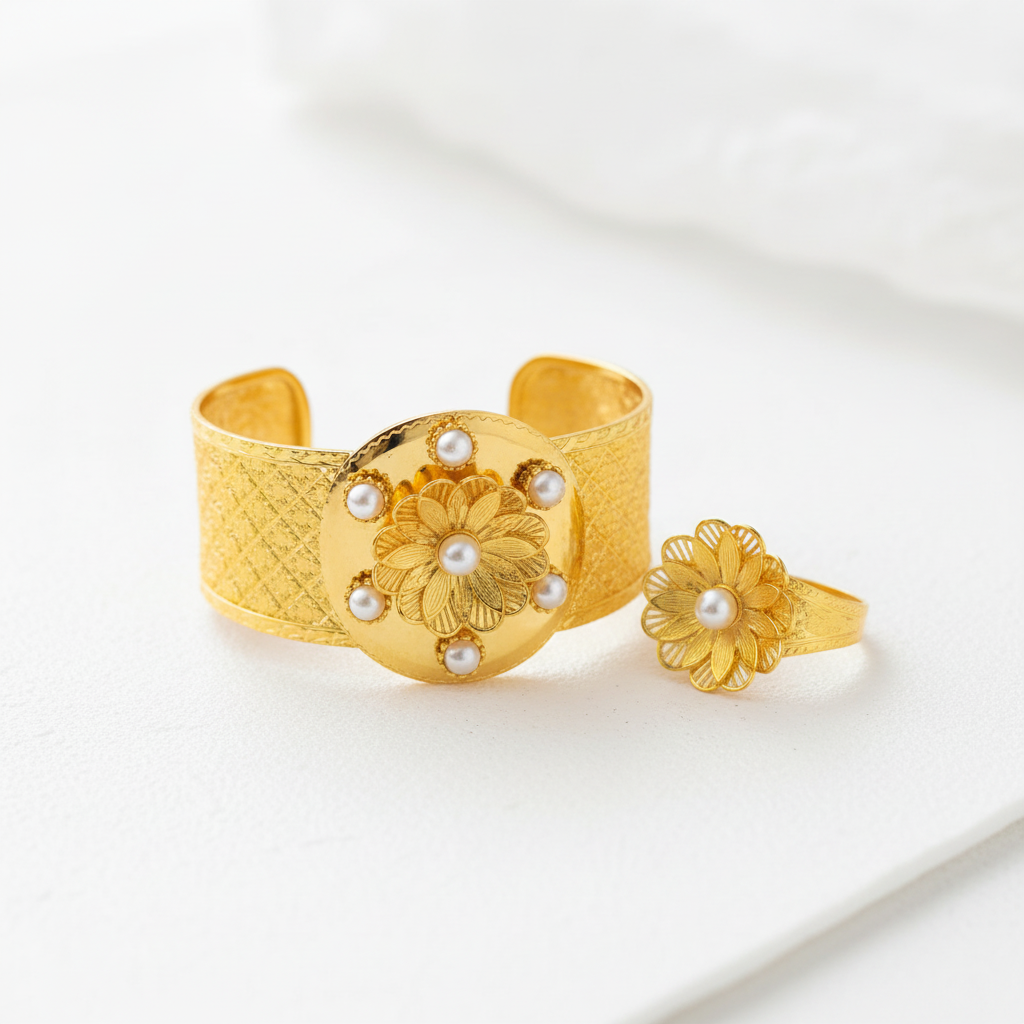 "Gold Floral Bangle and Ring Set