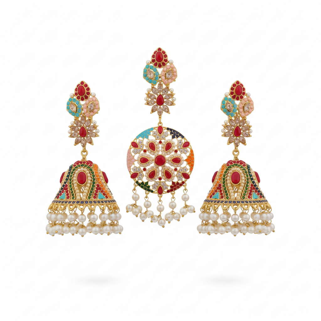 "Gold Jhumka and Tikka Set with Colorful Gemstones