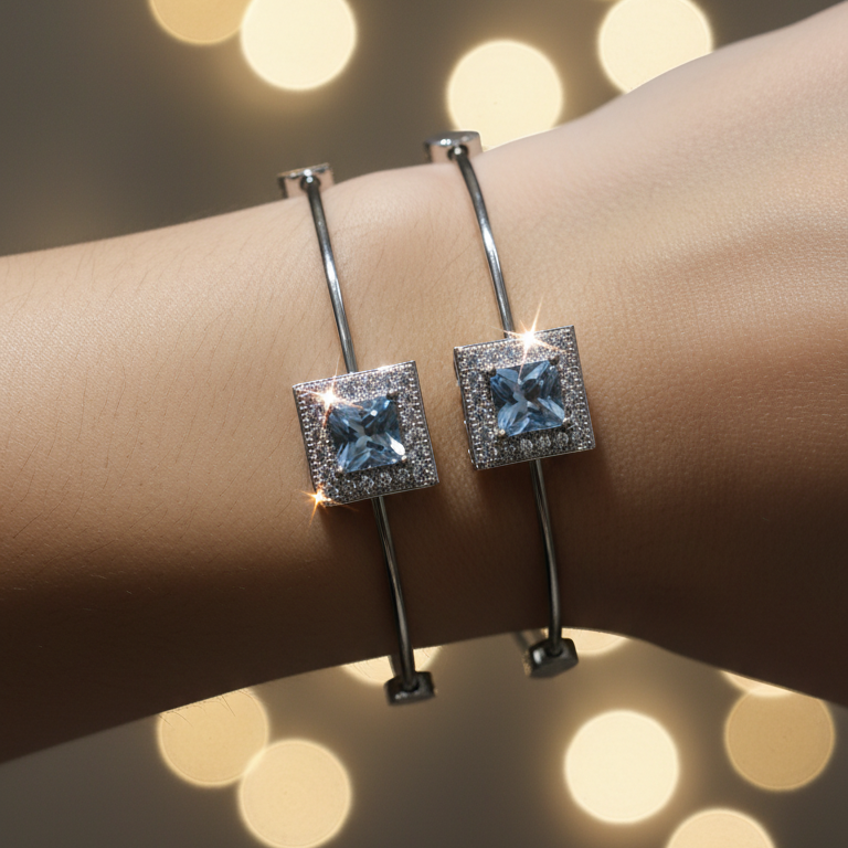 Stainless Steel Blue Square Stone Bangle Pair - Adjustable Crystal Bangles Set