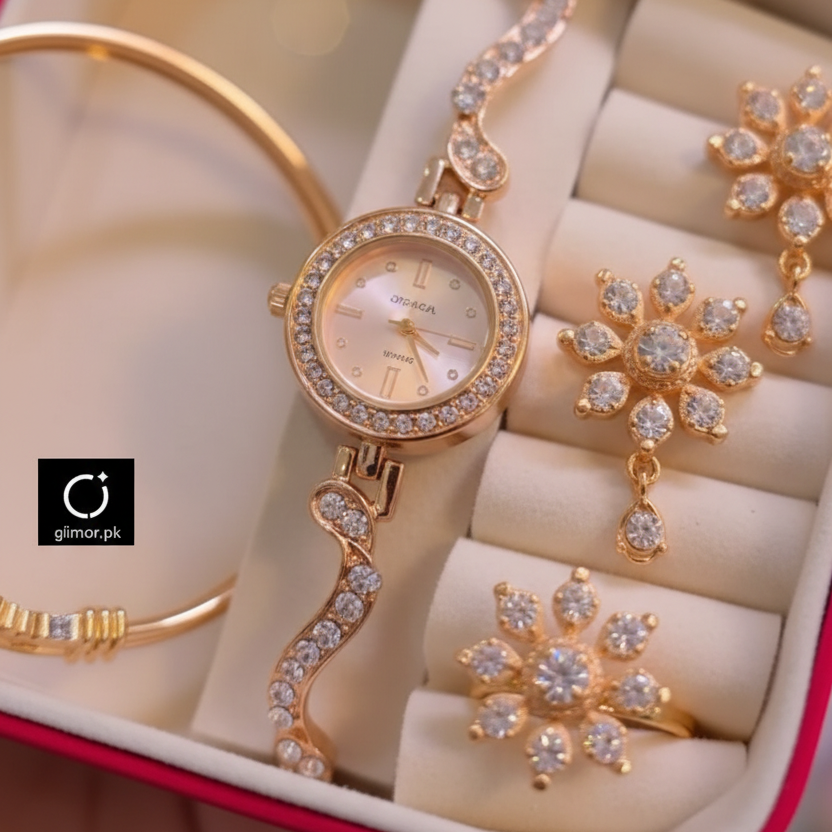 Premium Gift Jewelry Set with Real Watch - 6 Piece Bridal Collection