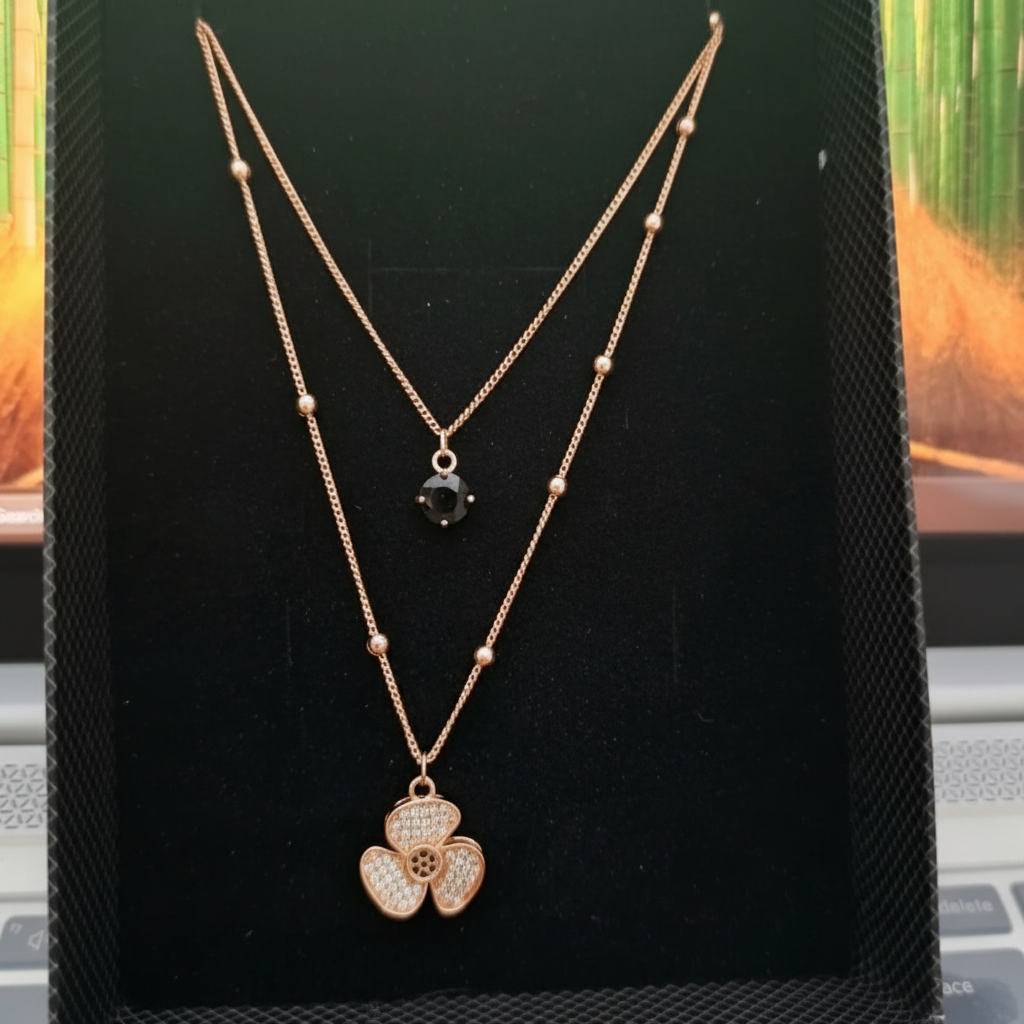 Rose Gold Layered Necklace with Clover Charm & Black Crystal Pendant