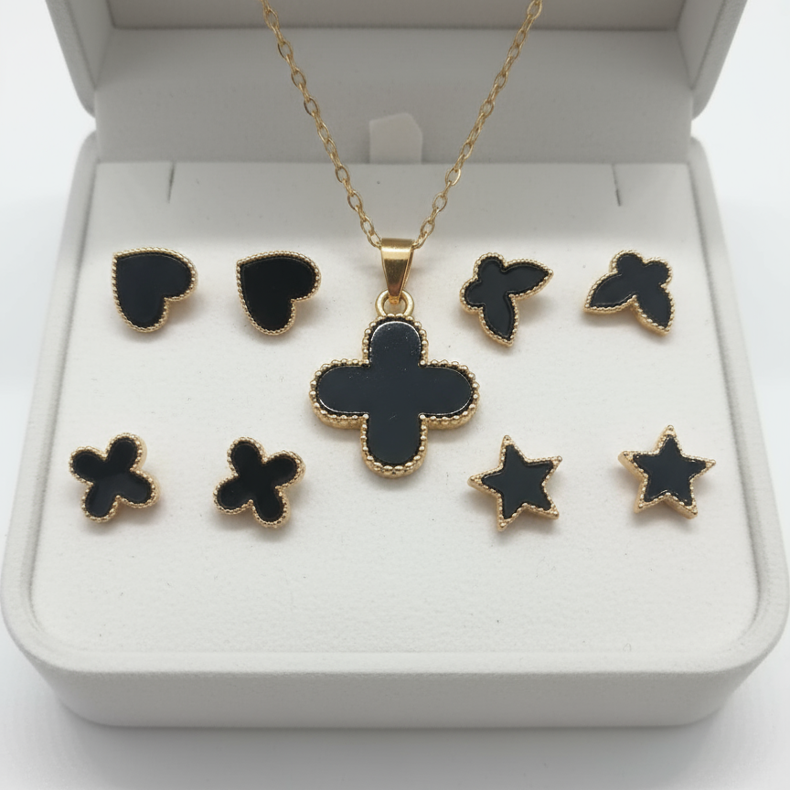 Black Clover Jewelry Set - Gold Necklace & Earrings Collection
