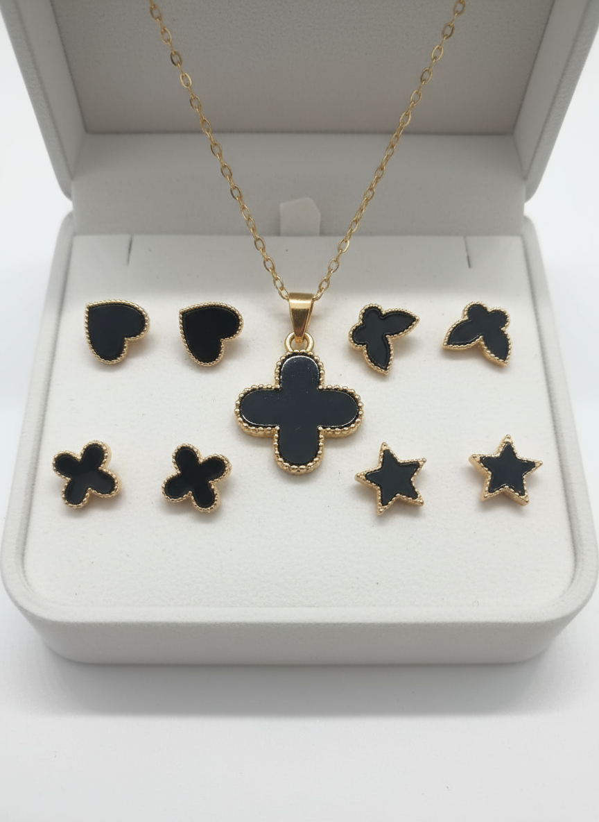 Black Clover Jewelry Set - Gold Necklace & Earrings Collection