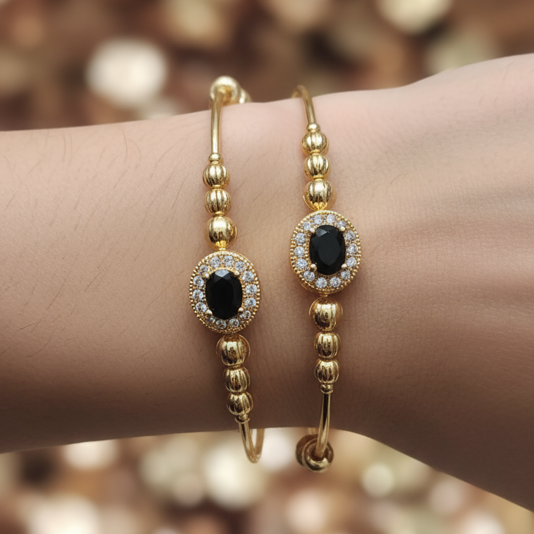 Gold Stainless Steel Black Oval Stone Bangle Pair