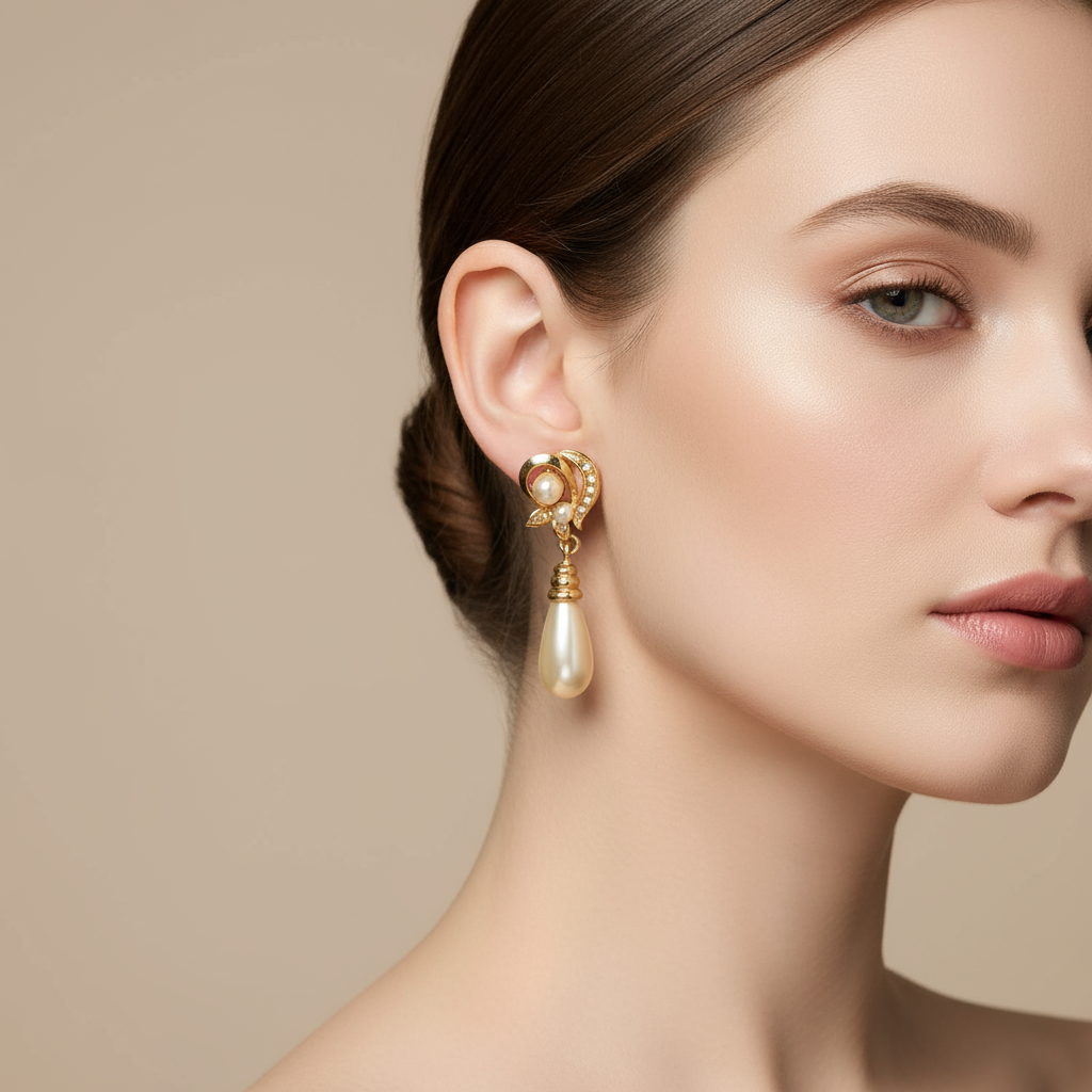 Gold Pearl Drop Earrings with Crystal Accents