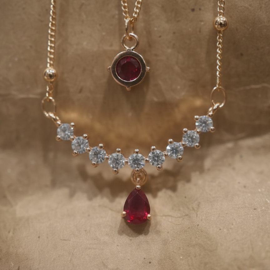 Double-Layer Crystal Crescent Necklace with Teardrop Pendant