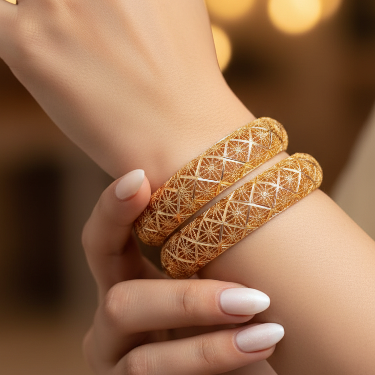 Delicate Gold Star Lattice Bangles Pair