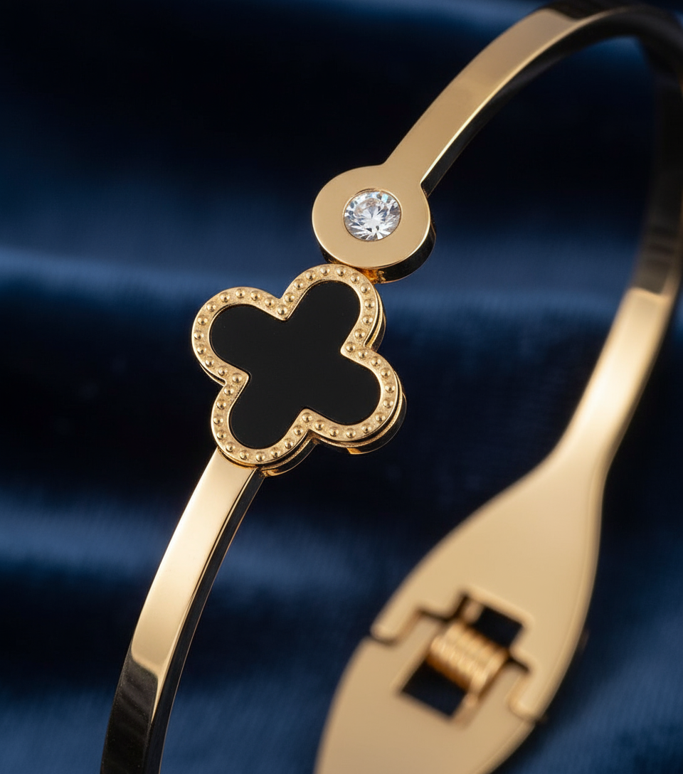 Gold Clover Bangle Bracelet - Black Quatrefoil Charm with Crystal Accent