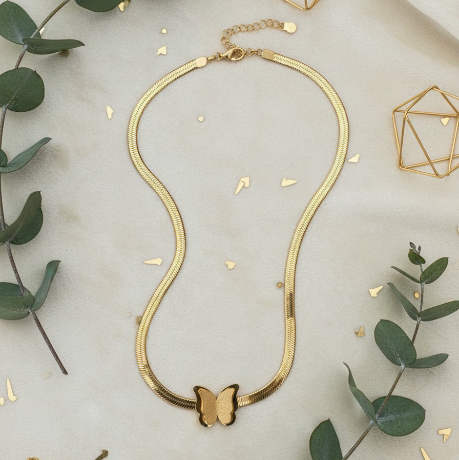 Gold Butterfly Necklace - Herringbone Chain Pendant