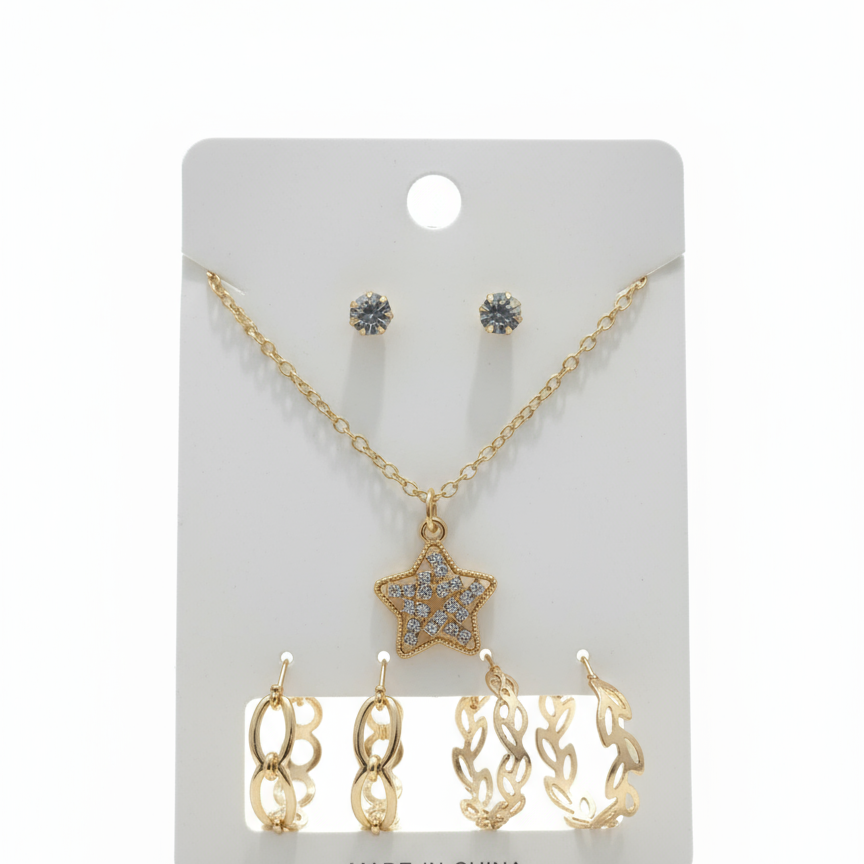 Crystal Star Jewelry Set - Gold Necklace & Earrings