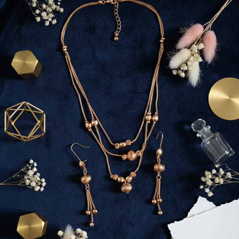 Rose Gold Triple Layered Necklace Set with Tassel Earrings & Textured Beads