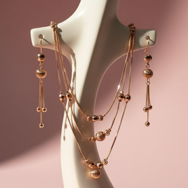 Rose Gold Triple Layered Necklace Set with Tassel Earrings & Textured Beads