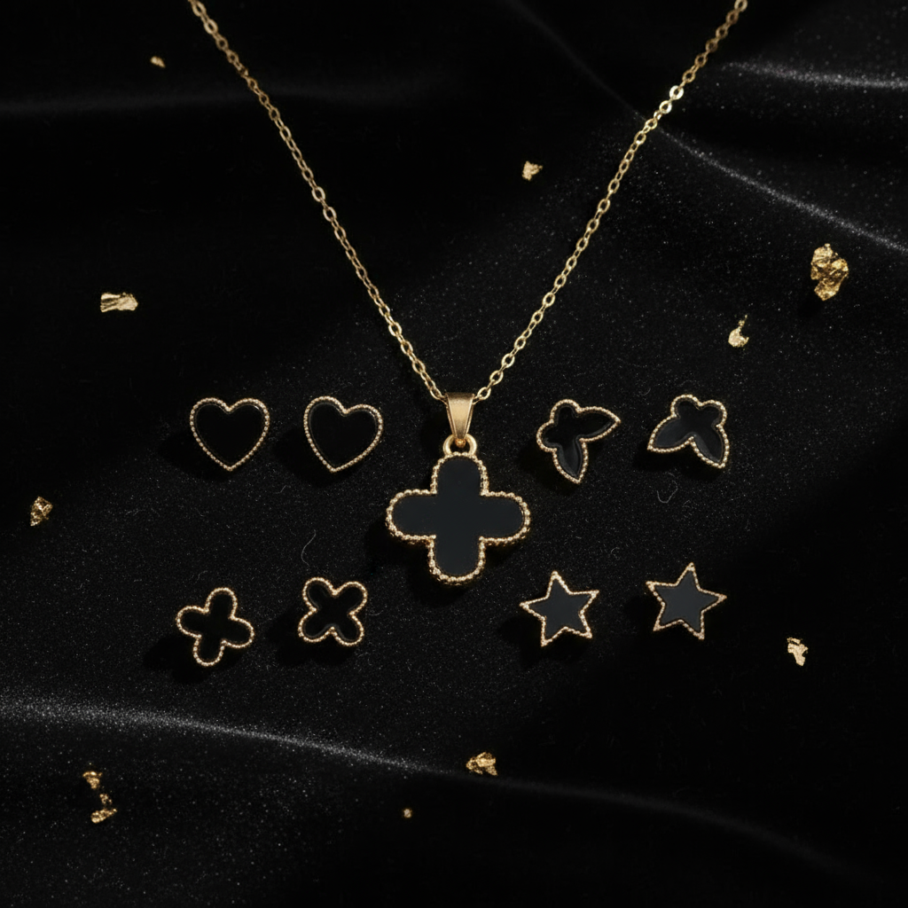 Black Clover Jewelry Set - Gold Necklace & Earrings Collection