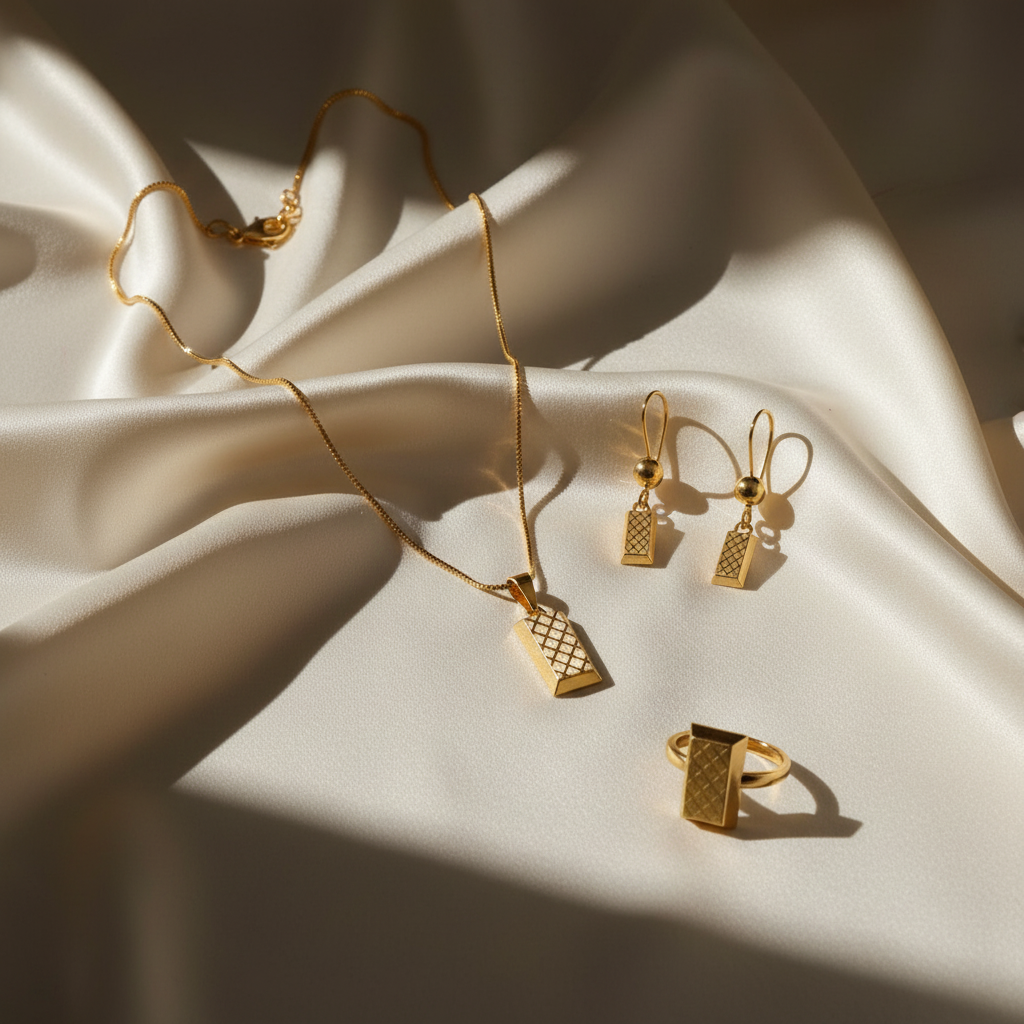 Gold Geometric Pendant Necklace with Earring & Ring Set
