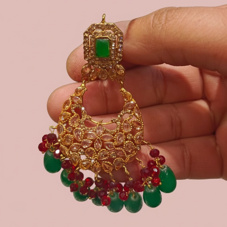 Gold Plated Chandbali Earrings with Green Red Gemstones