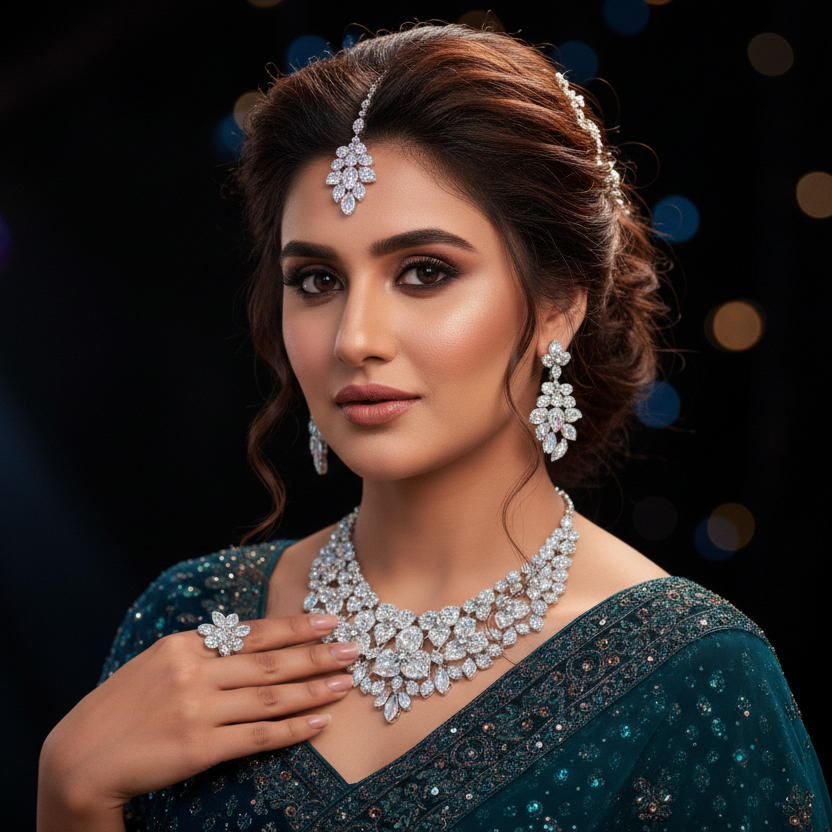 Bridal Jewelry Set Silver - Necklace Earrings Rings | Pakistani Wedding Jewelry