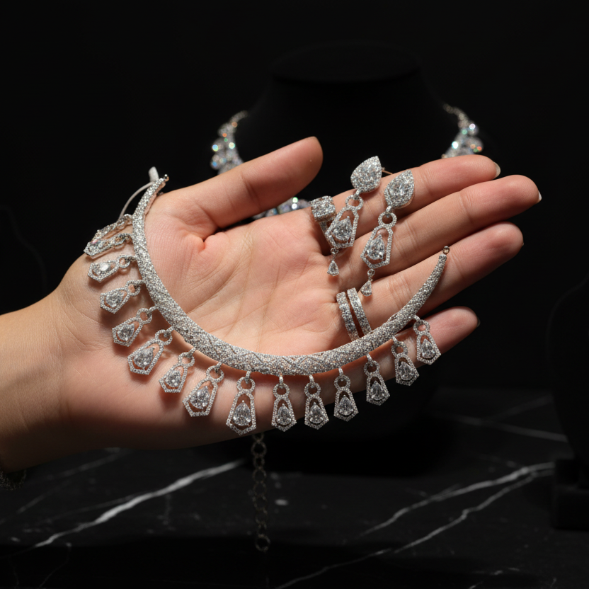 1 Carat Bridal Jewelry Set - Necklace, Rings & Bracelet | Premium Silver