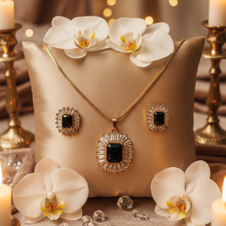 Black Stone Jewelry Set with Crystal Accents