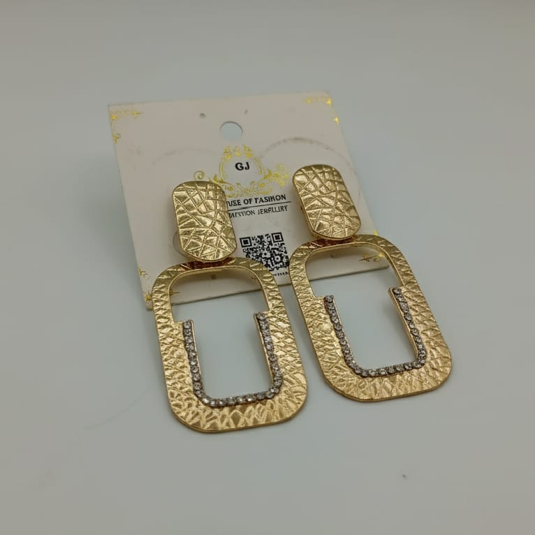 Gold Rectangle Drop Earrings with Crystals - Statement Hoop Earrings for Women