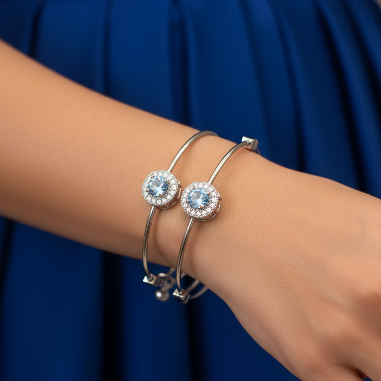 Stainless Steel light sky Blue Stone Bangle Pair - Adjustable Crystal Halo Bangles Set