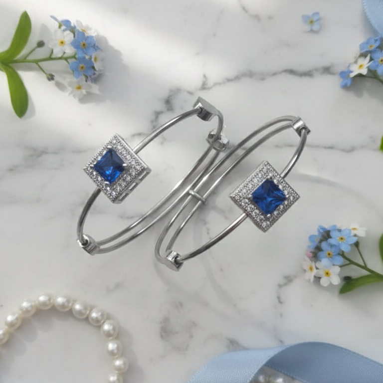 Stainless Steel Blue Square Stone Bangle Pair - Adjustable Crystal Bangles Set