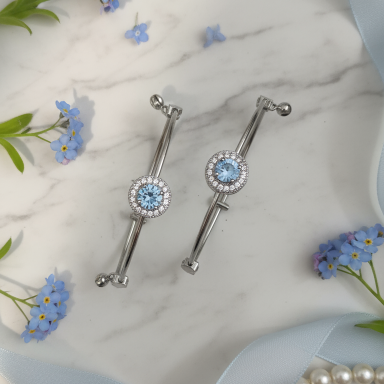 Stainless Steel light sky Blue Stone Bangle Pair - Adjustable Crystal Halo Bangles Set