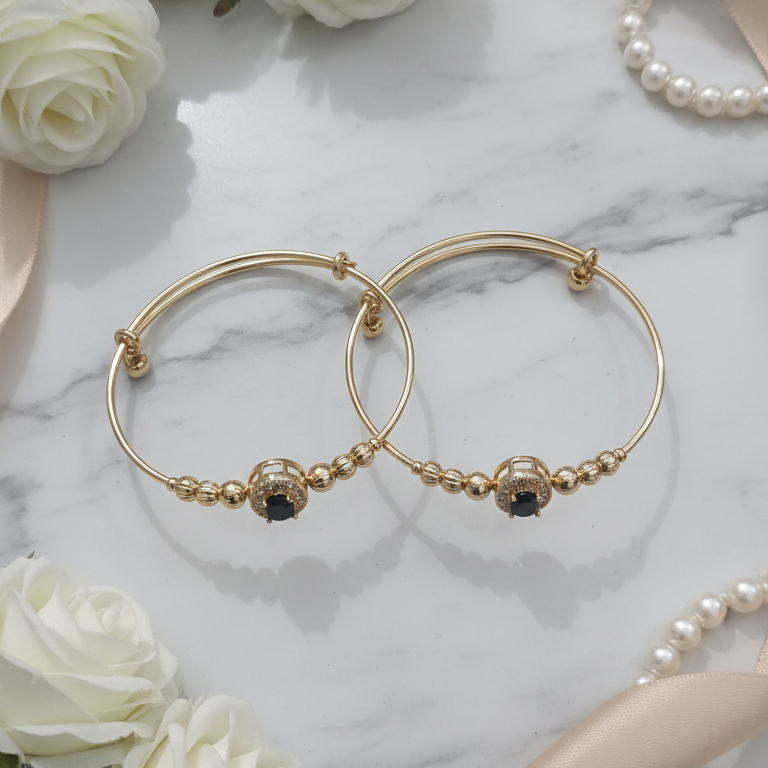 Gold Stainless Steel Black Oval Stone Bangle Pair