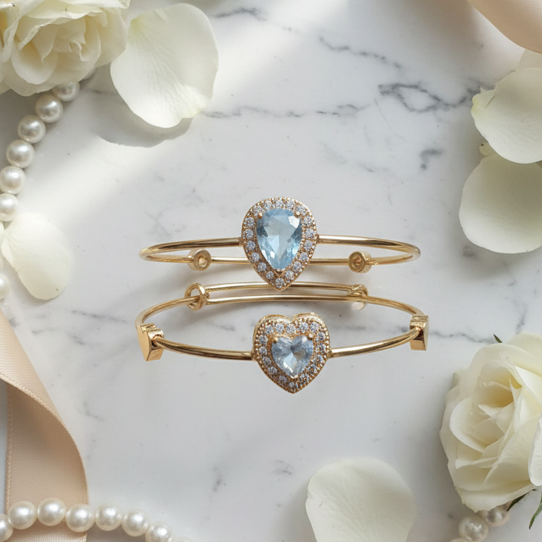 Gold Stainless Steel Light Blue Stone Bangle Pair