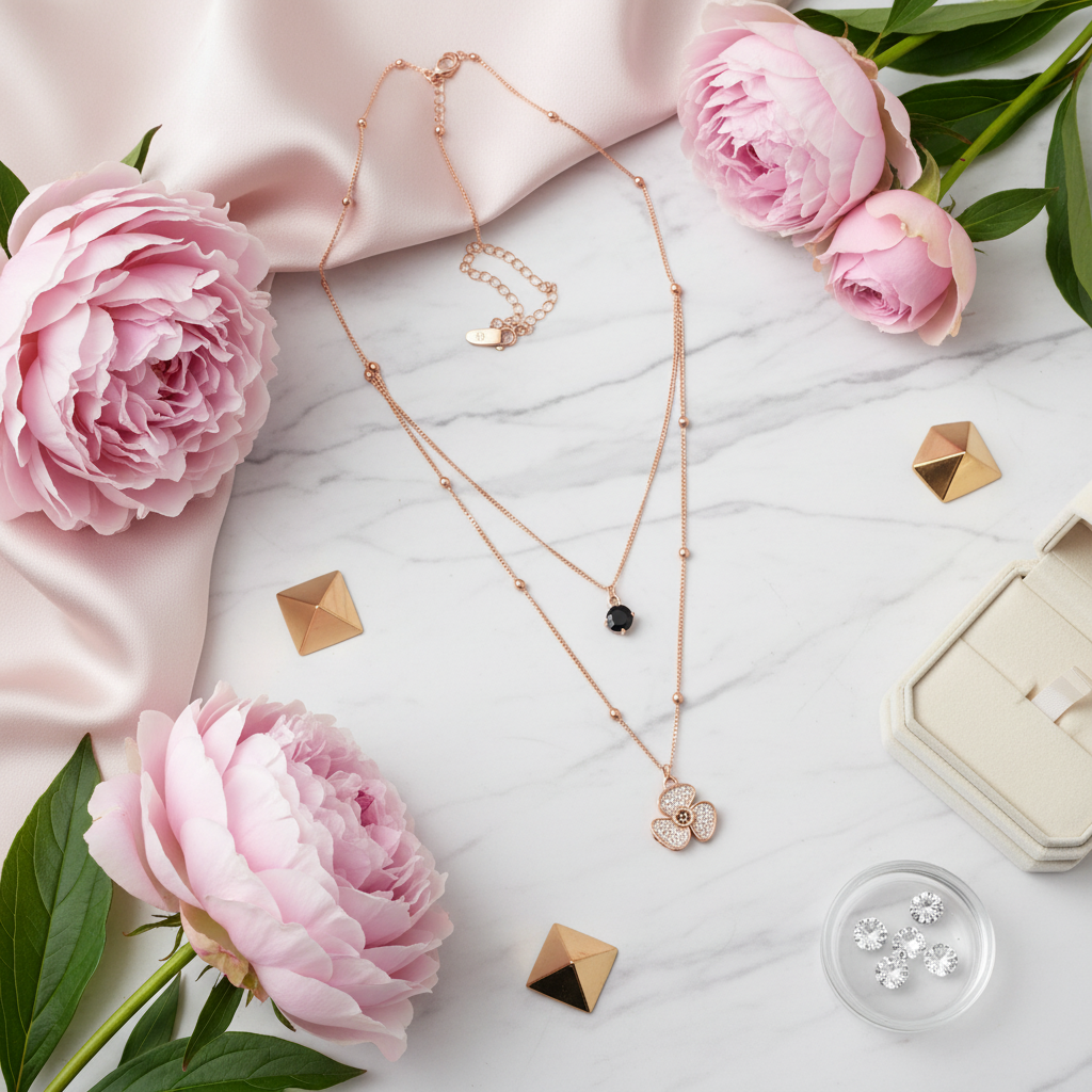 Rose Gold Layered Necklace with Clover Charm & Black Crystal Pendant