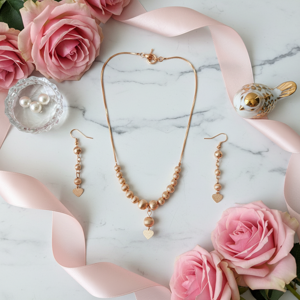 Rose Gold Necklace and Earring Set with Textured Beads & Heart Charms