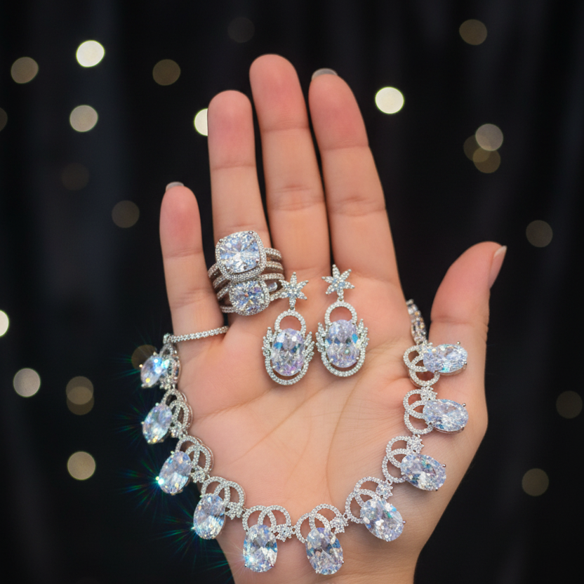 1 Carat Bridal Jewelry Set - Necklace, Rings & Bracelet | Premium Silver