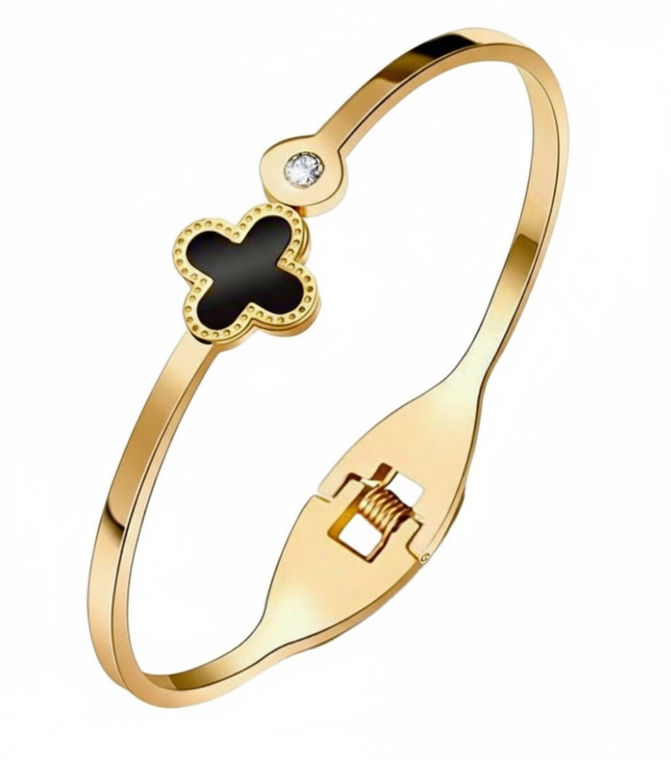 Gold Clover Bangle Bracelet - Black Quatrefoil Charm with Crystal Accent