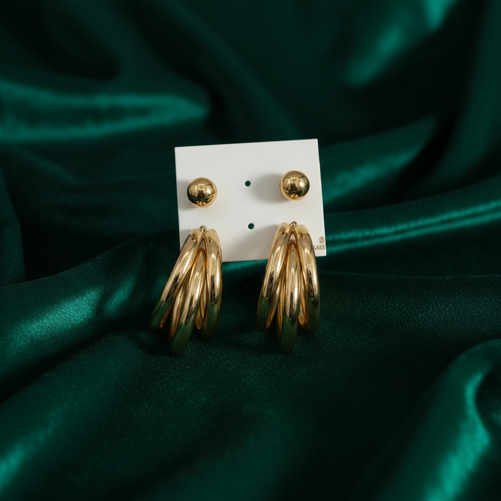 Gold Plated Earring Set - Triple Hoop & Ball Stud Combo |