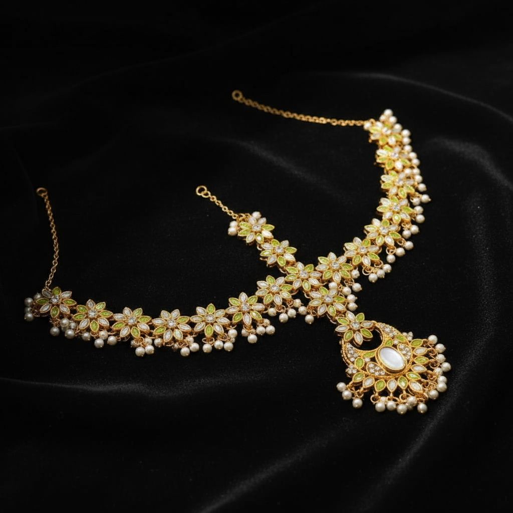 Elegant Pearl & Green Stone Matha Patti