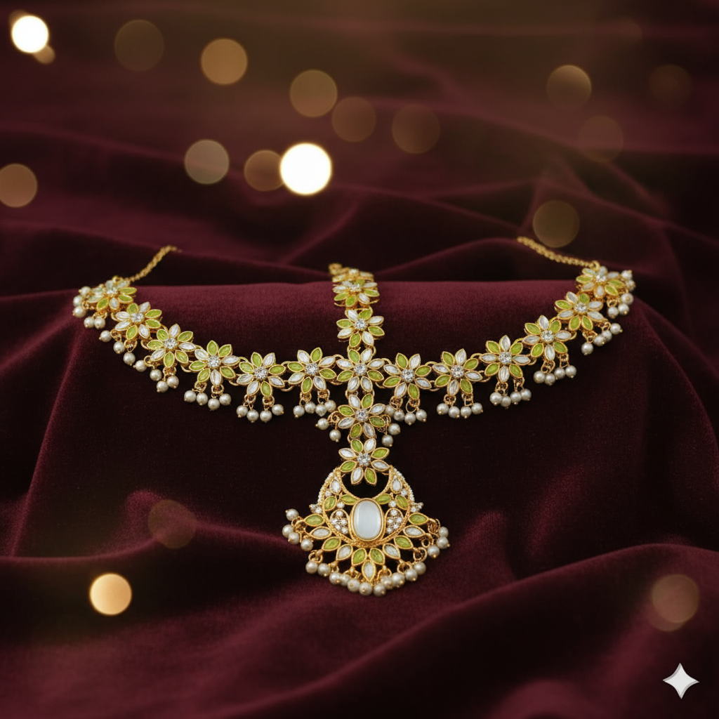 Elegant Pearl & Green Stone Matha Patti