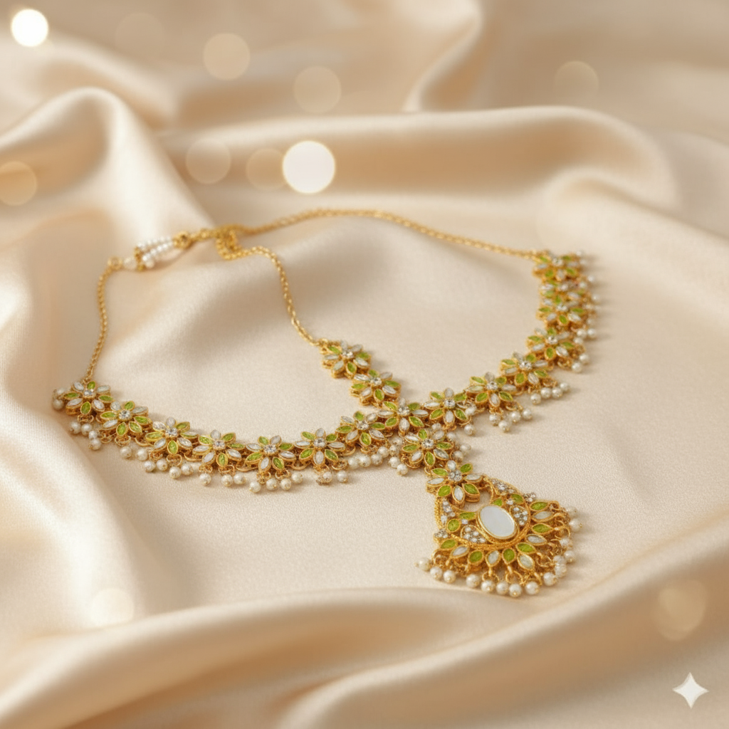 Elegant Pearl & Green Stone Matha Patti