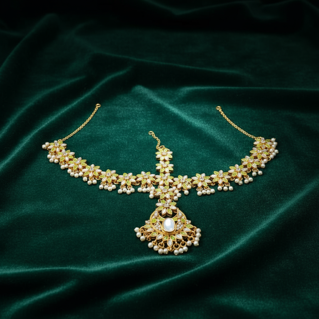 Elegant Pearl & Green Stone Matha Patti