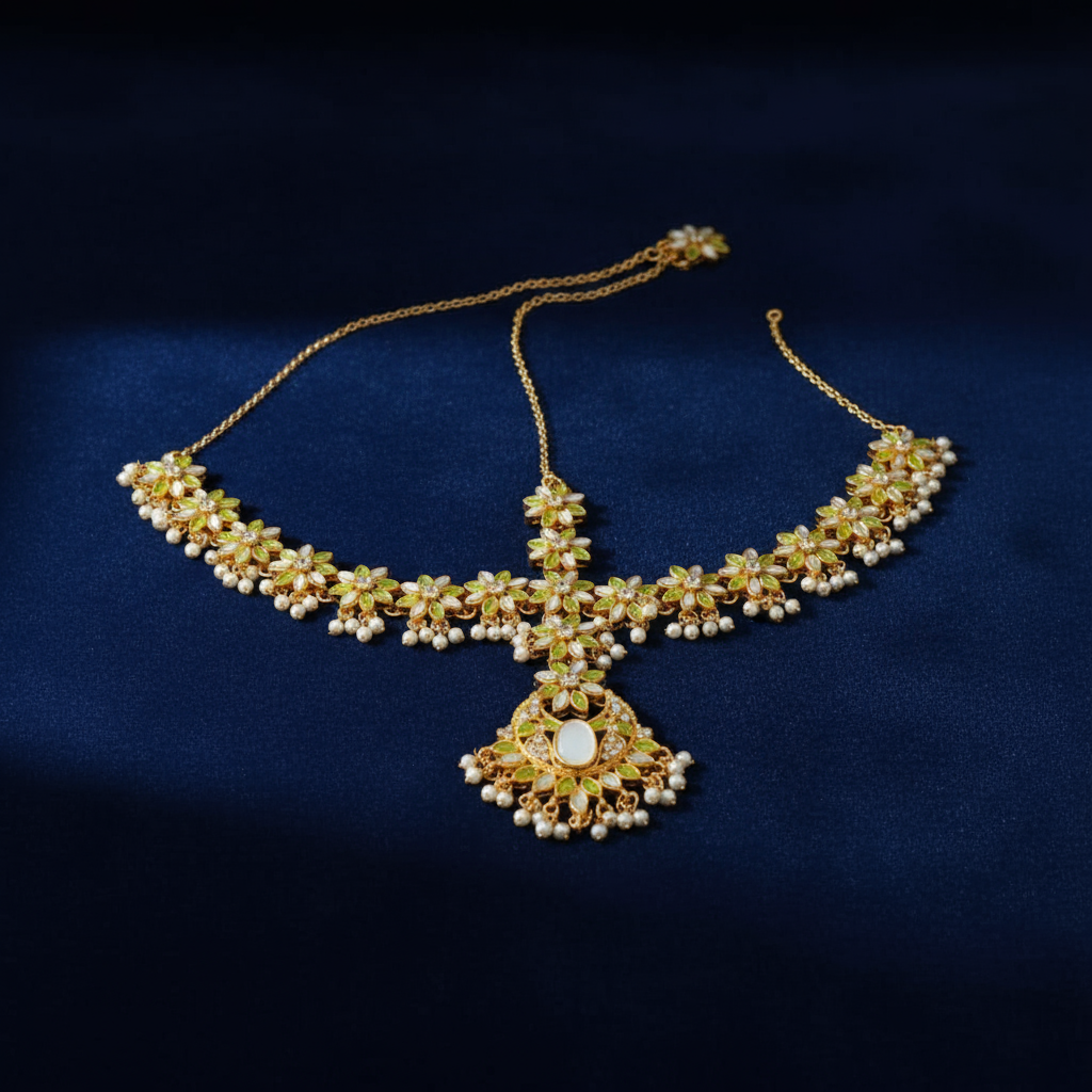 Elegant Pearl & Green Stone Matha Patti