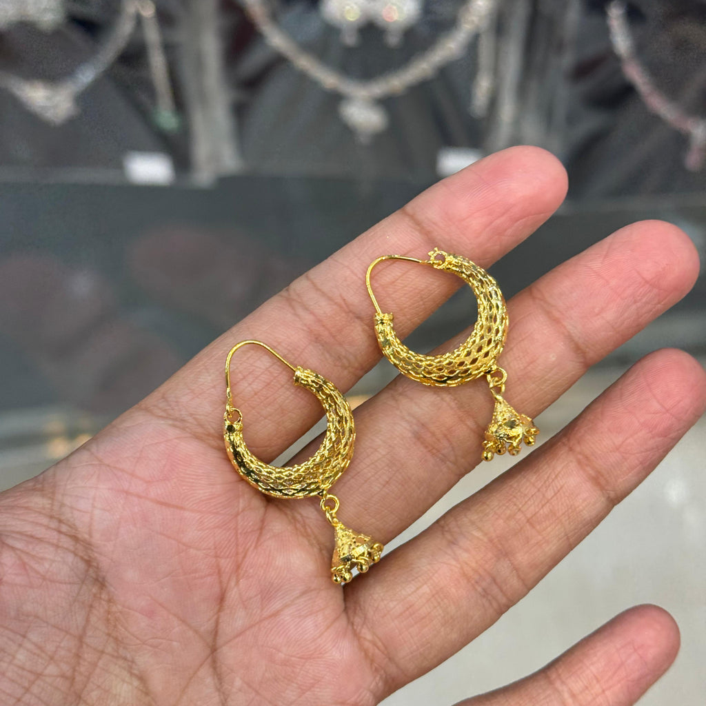 Gold Hoop Earrings with Drop - Textured Mesh Design Traditional Earrings