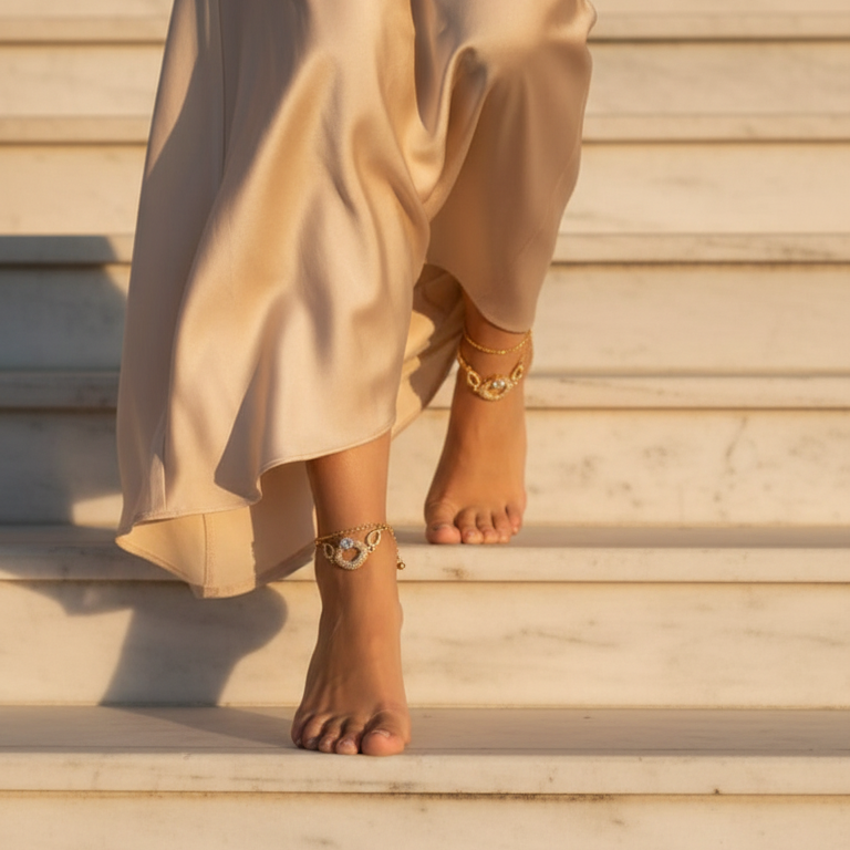 Delicate Gold Crystal Anklets - Teardrop & Circle Design