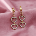 Gold Double Heart Drop Earrings with Crystal Stones