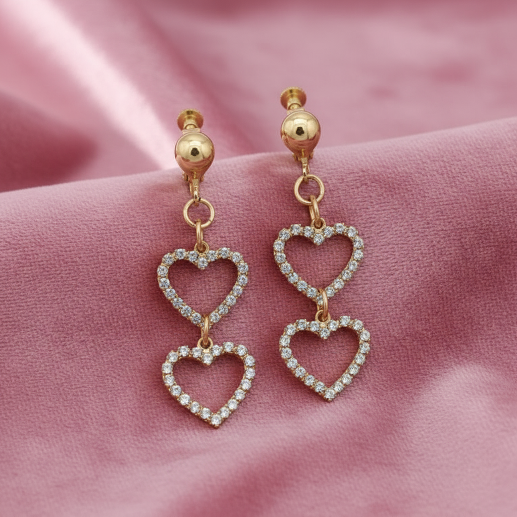 Gold Double Heart Drop Earrings with Crystal Stones
