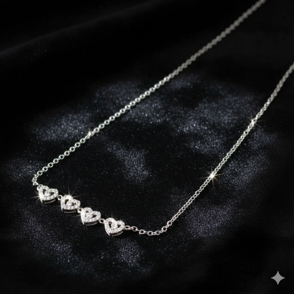 Silver Heart Necklace - Four Hearts with Crystal Stones