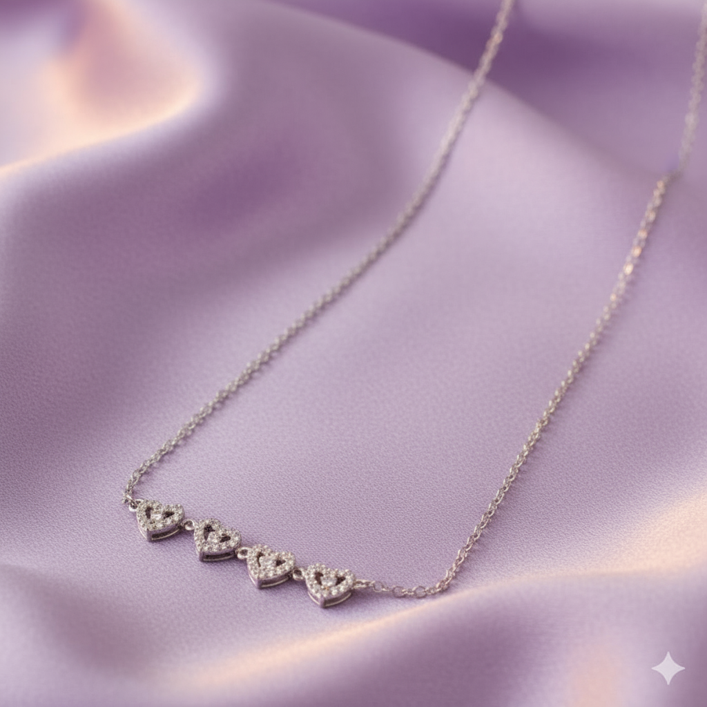 Silver Heart Necklace - Four Hearts with Crystal Stones